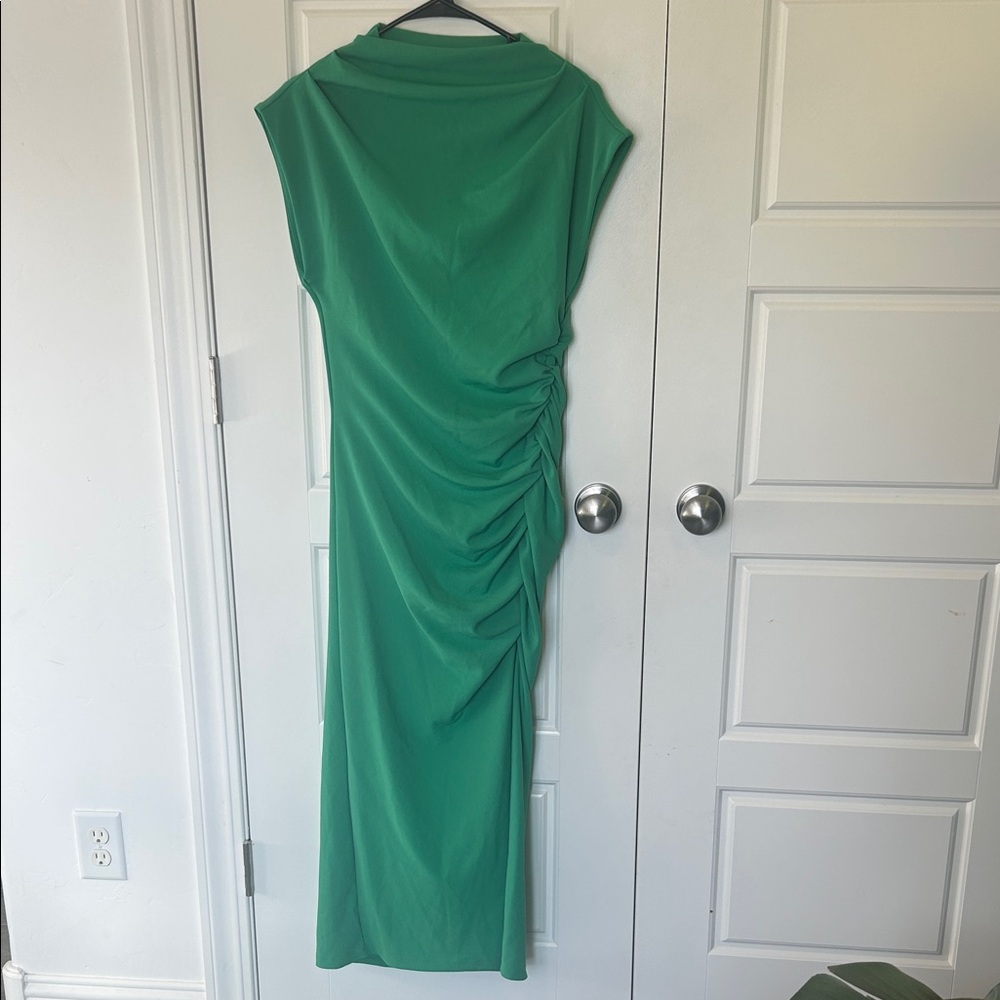 Anthropologie Green Ruched Maxi Dress